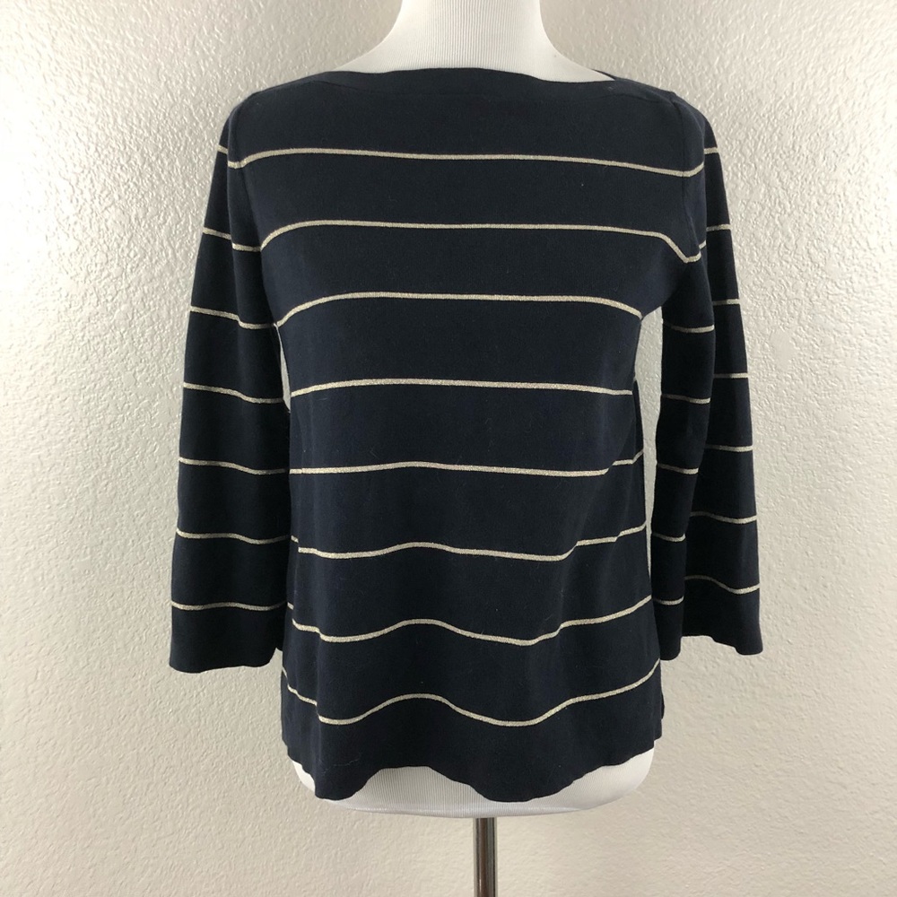 Ann Taylor LOFT Gold Stripe Navy Top size Medium